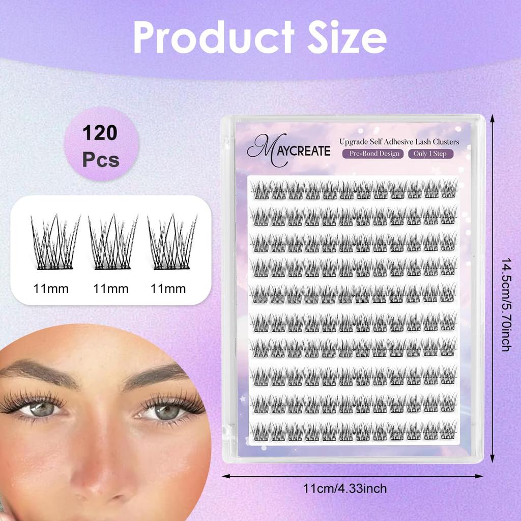 MAYCREATE® 120PCS Self Adhesive Eyelashes, 120Pcs Clear Band Lash Clusters, Natural Pre-Glued Eyelash Clusters, No Glue Needed Press On Invisible B