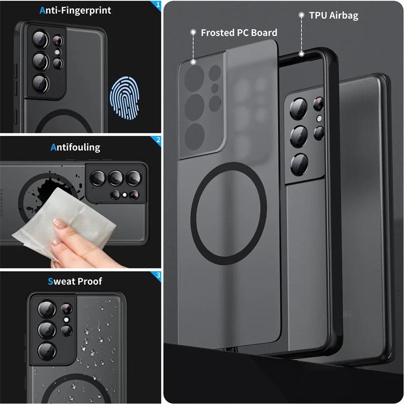 Matt Magnetisk For Samsung Galaxy S25 S24 S23 S22 S21 S20 Ultra Plus FE A54 A53 A13 Note 20 10 5G Deksel Trådløs Lading Deksel