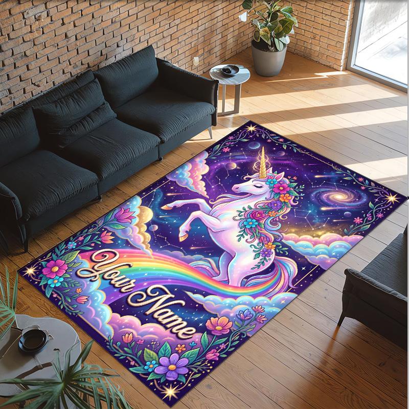 Alfombra de Suelo de Terciopelo de Cristal con Temática de Unicornio, Alfombra Cálida Personalizada con Nombre y Texto, Decoración del Hogar
