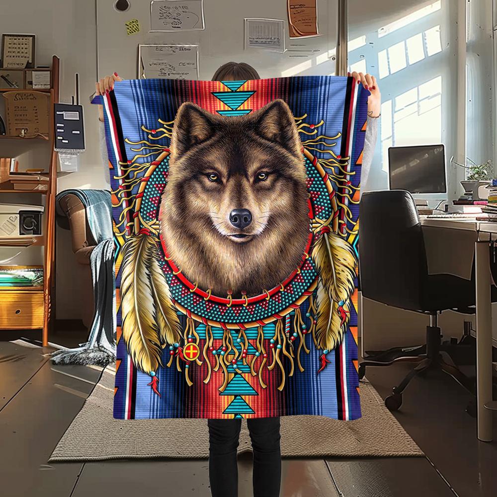 1Pc Natvie Wolf Print Flannel Blanket, High quality Comfortable for All Seasons, Home Decor, Warmth and Comfort, Perfect for Christmas Gifts