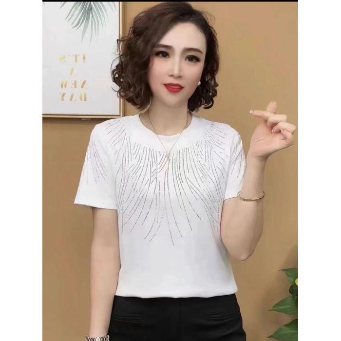 2025 Dámské letní tričko s kamínky: Lichotivý, Volný střih, Krátký rukáv plus size pro ženy středního věku