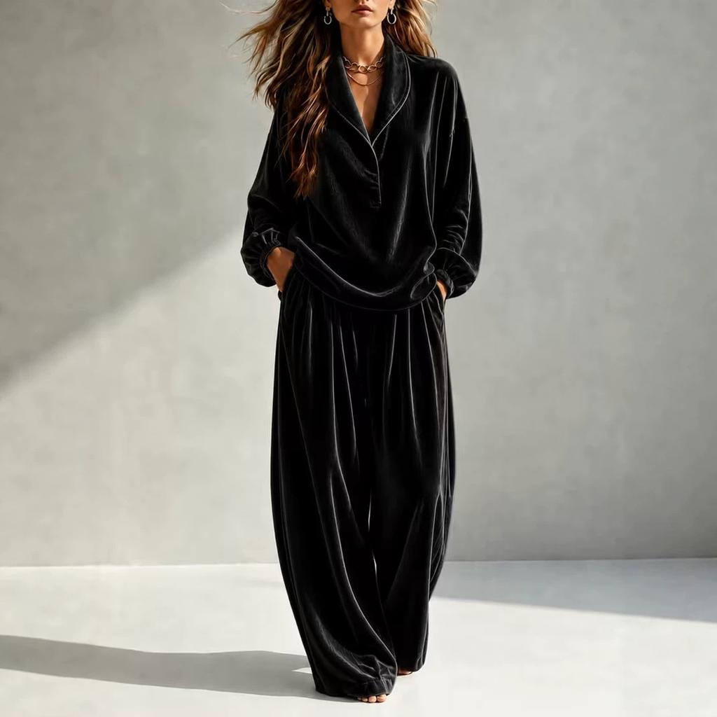 Completo due pezzi in velluto da donna con colletto a revers, top incrociato, pantaloni a vita alta a gamba larga, elegante loungewear