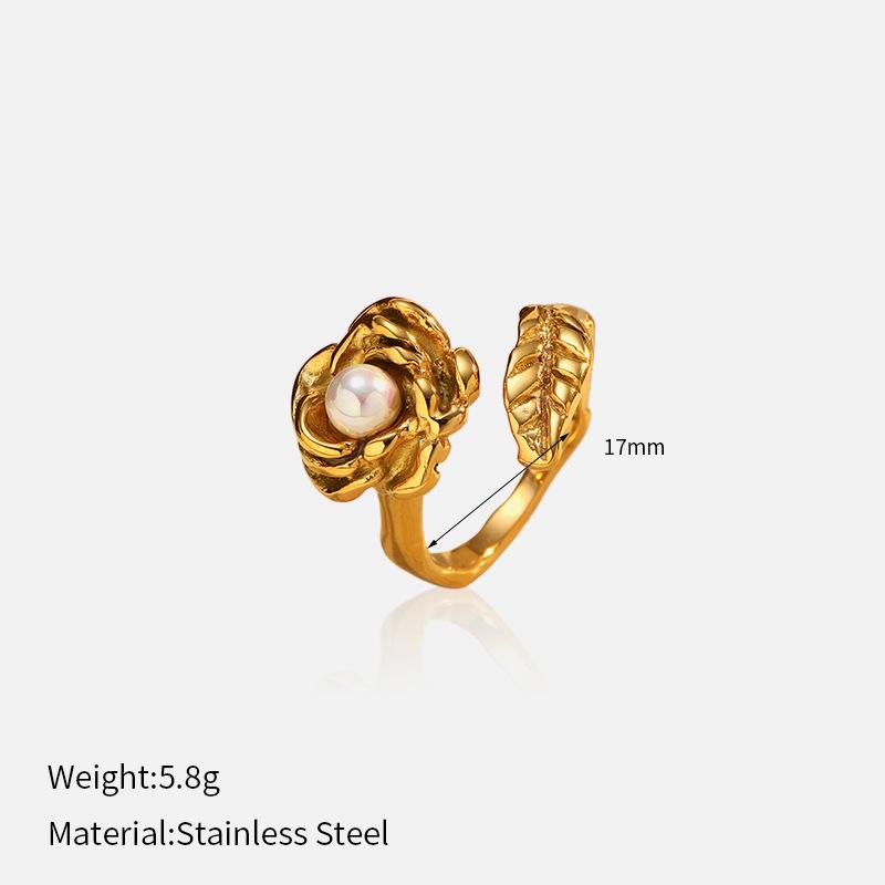 Chenhe's new titanium steel open imitation pearl ring, European and American style smooth surface ball special-shaped personalized plated 18K gold