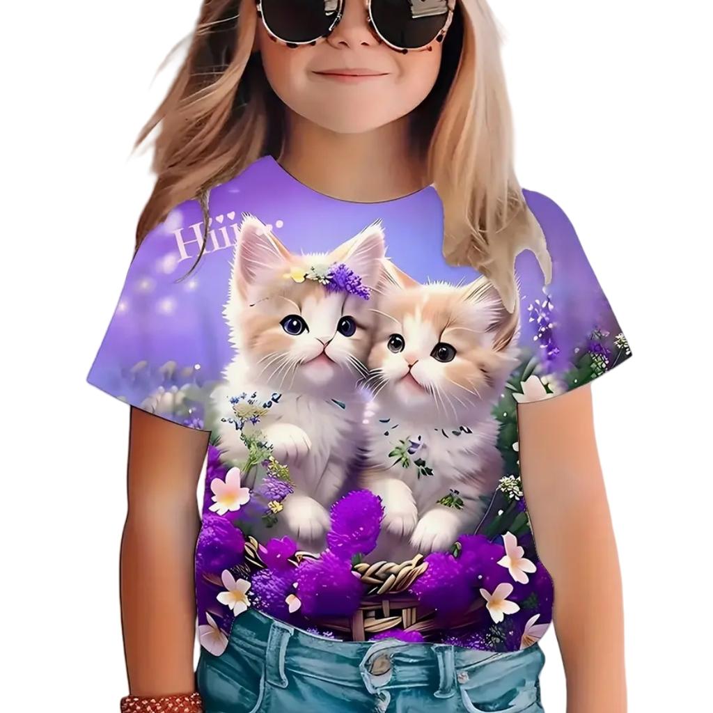 Kawaii Cat T-Shirts for Children Tops Girl Short Sleeve T-Shirt Summer Girl Clothes Crew Neck Clothing Outdoor T-Shirt for a Boy