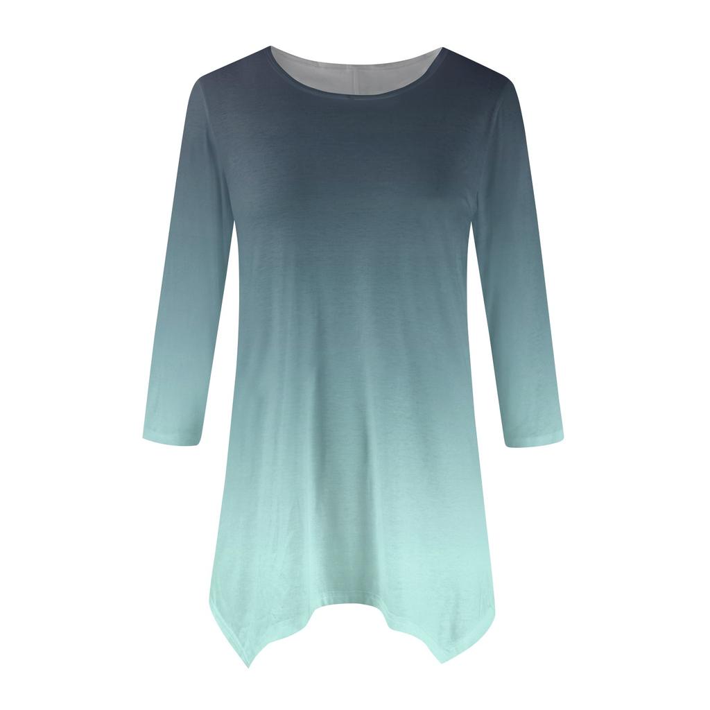 Women's Fashion Casual Crew-neck Gradual Print Seven-point Sleeve Shirt Belted Loose Comfortable Top