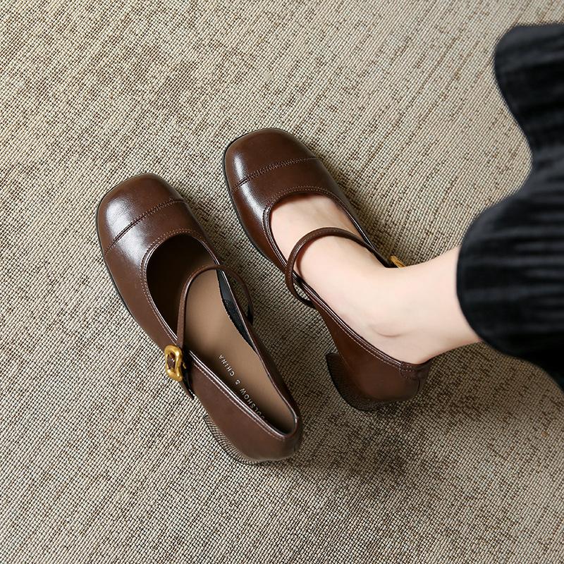 Mīksta āda ar Mary Jane kurpēm sieviešu rudens jaunas vienas kurpes retro kafijas bieza papēža mazas ādas kurpes