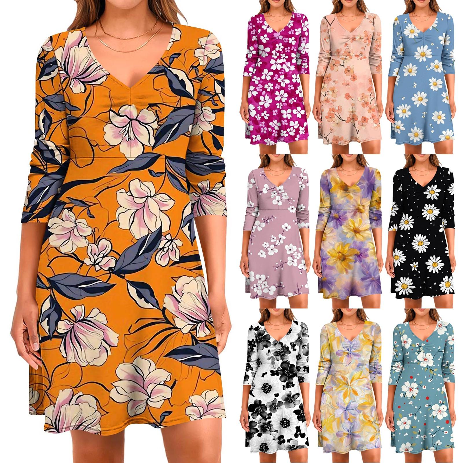 

Women s Casual Loose Comfortable Print V-Neck 3/4 Sleeve Dress XXL