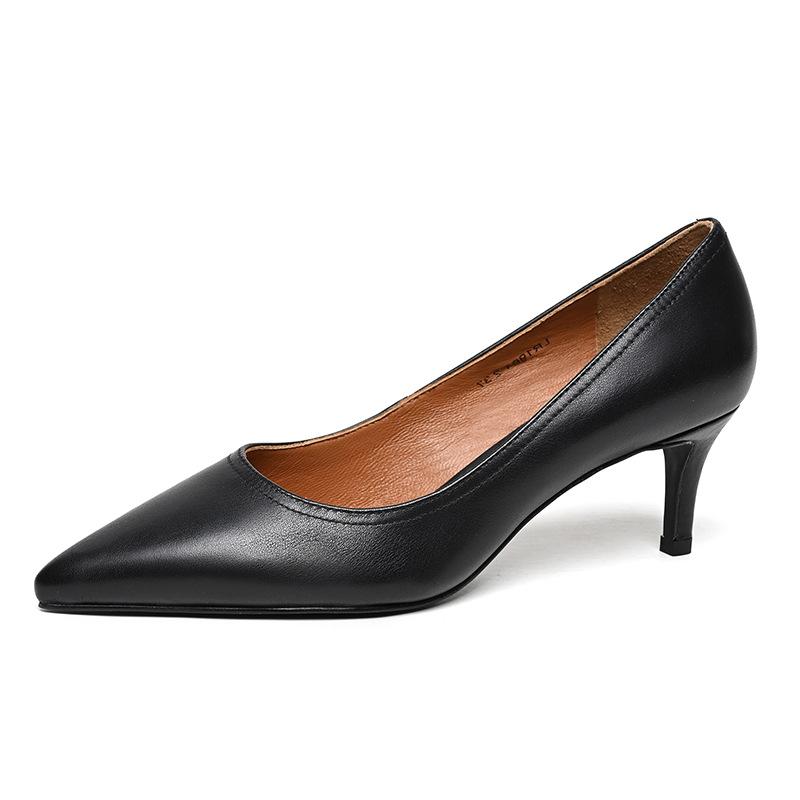 Spring new pointed head shallow mouth thin heel leather shoes tire cowhide white collar work high heels versatile women's shoes