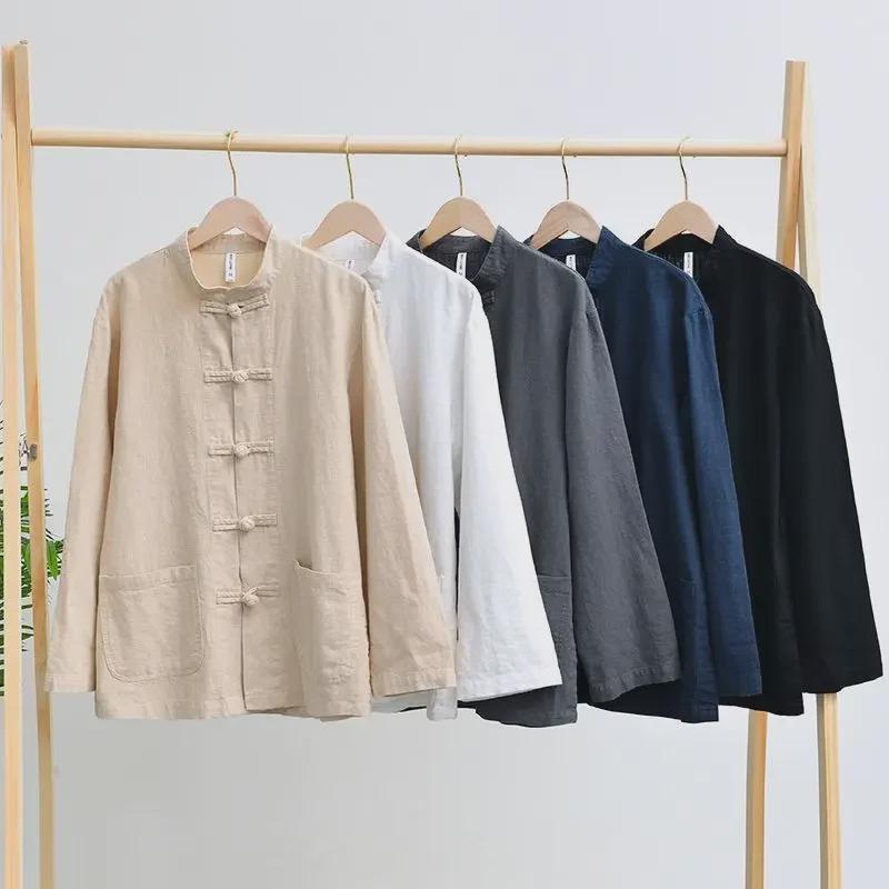 Men's Chinese Buttoned Cotton-Linen Shirt Jacket: Casual Tang Suit, Loose Ancient-Style Hanfu, Large Size, Middle-Aged Top