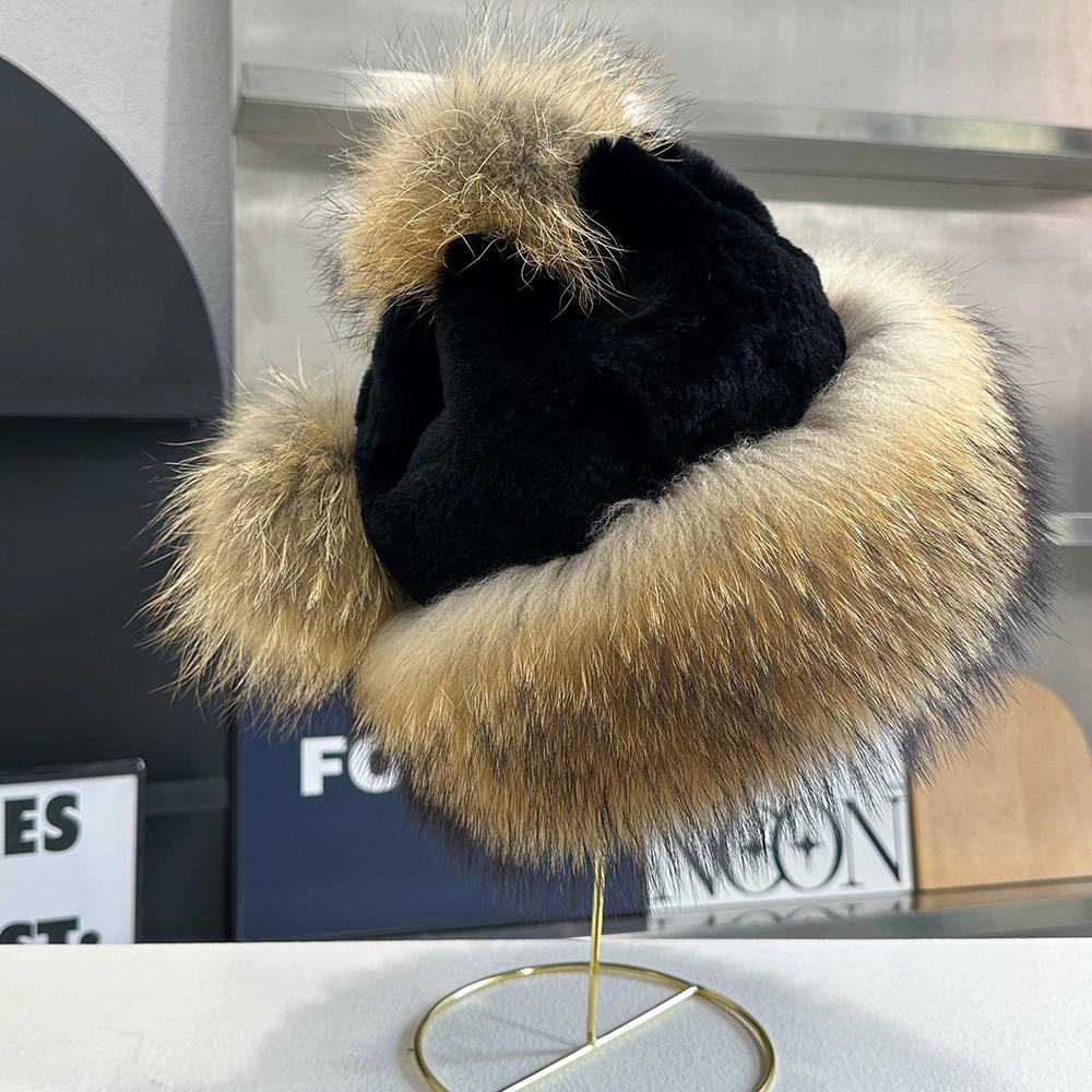 

Зимняя меховая шапка из меха кролика рекс, меха лисы, с защитой ушей, милая шляпа-ведро, теплая плюшевая шляпа-панама, для маленького лица One size