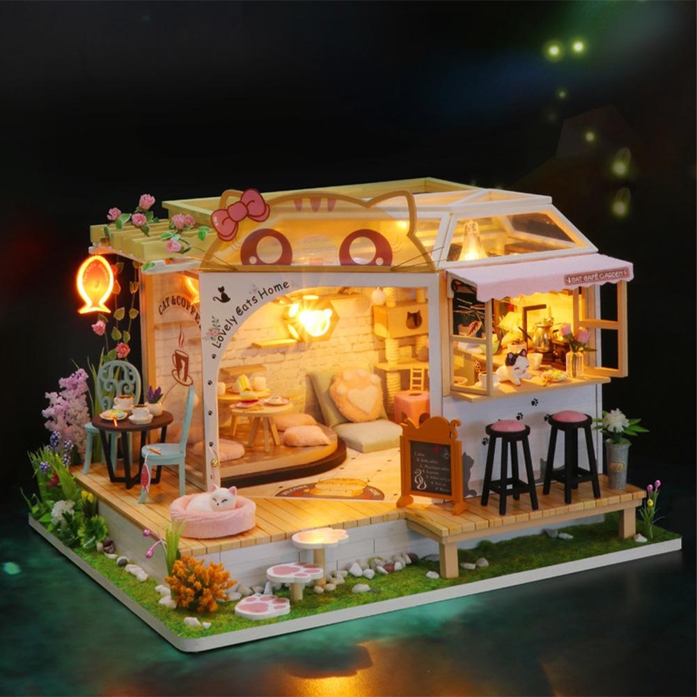 Kit Casă de Păpuși Miniatură DIY Cafenea Pisici Cu Muzică și Lumină Cafenea Pisici Model Mini Casă de Păpuși Kit de Construcție Cu Mobilier