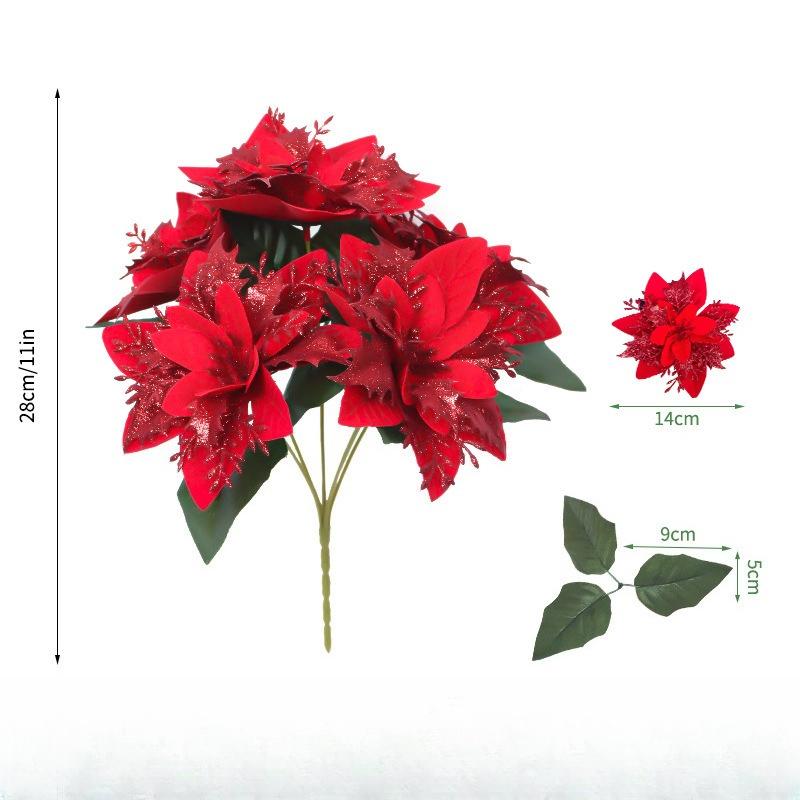 Christmas Flower Fake Flower Christmas Decoration, Flannel Green Plant Potted Christmas Ornament Christmas 5 Fork Artificial Flower