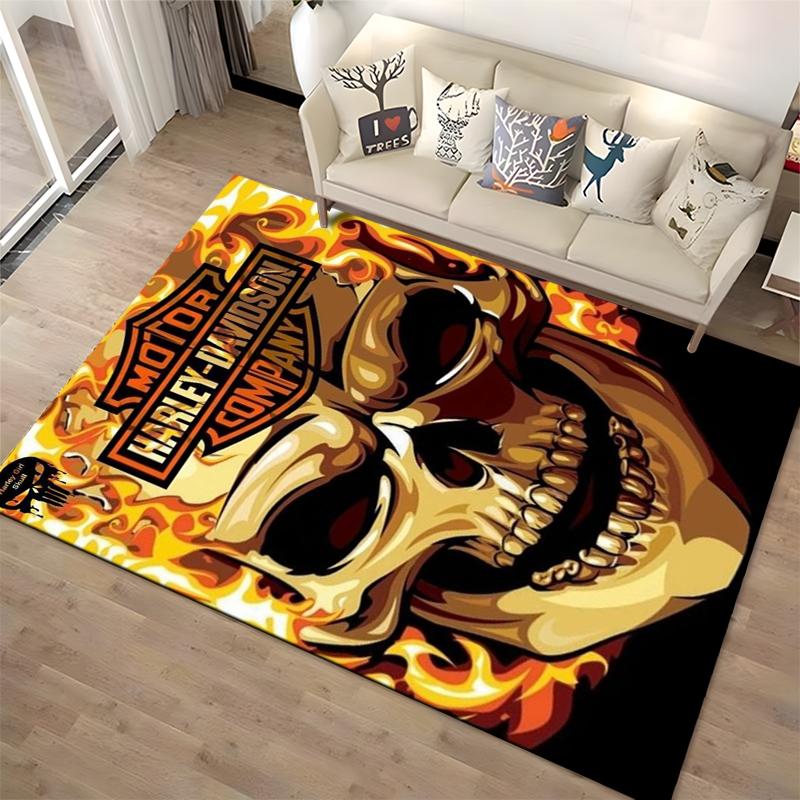 "Flaming Skull Harley-Davidson Style Rug with Vibrant Design" Suitable for use as an anti-slip for living room bedroom sofas