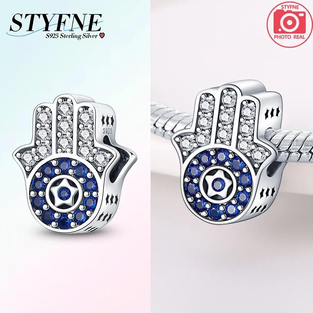 Original 925 Silver Blue Heart Demon Eye Pendant Fatima Hand Charm Bead Bracelet Women Jewelry Religion Gift
