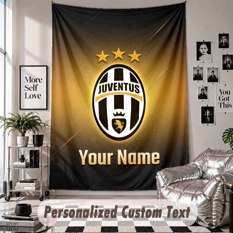 Wall Hanging Tapestry With Custom Name & Text, Juventus FC Decorative Tapestry For Bedroom