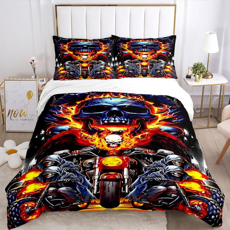 3pcs Ghost Rider Motorcycle Skull Decorative Bedding Set - Includes One Quilt Cover and Two Pillowcases (No Core) - Anime Cartoon Design for Bedroom a
