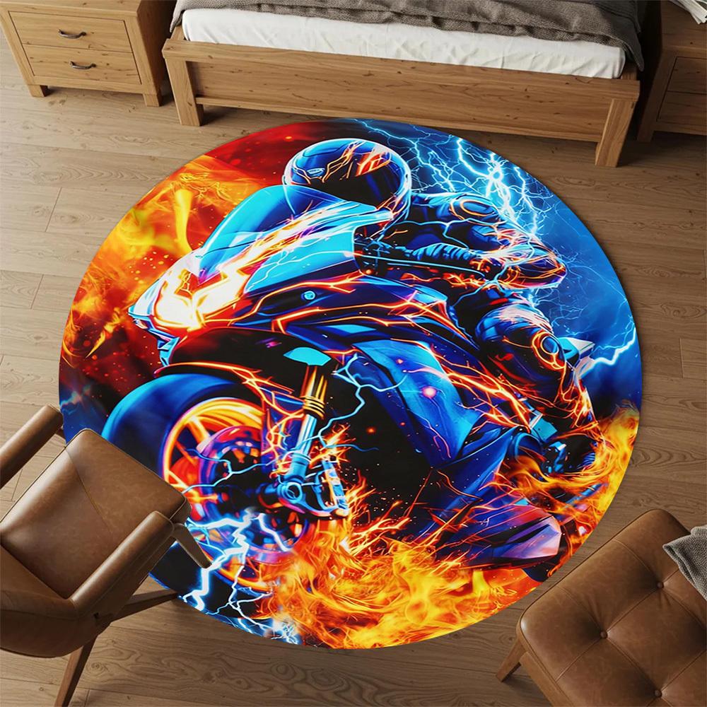 1PC Motorcycle Fire Round Chair mat Area Rug - Non-Slip, Floor Mat for Office, Bedroom, and Indoor Decor -Gift D1127229