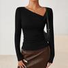 Women's Fashionable Long-sleeved Asymmetrical Collar Fitted Casual Knitted Top