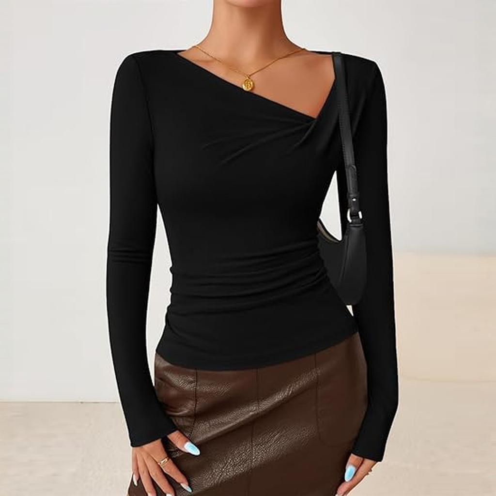 Women's Fashionable Long-sleeved Asymmetrical Collar Fitted Casual Knitted Top