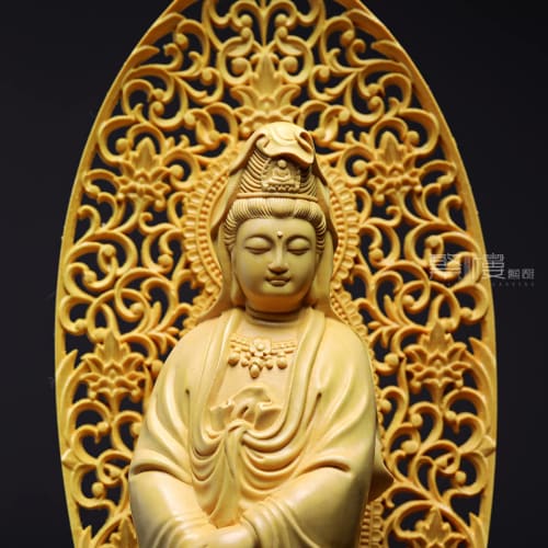 Standing Kannon Bodhisattva Statue, Buddhist Altar Statue, Wood Carving, Arabesque Halo, Boxwood, Prayer, Protection from Evil, Hanro Art Carving (27c
