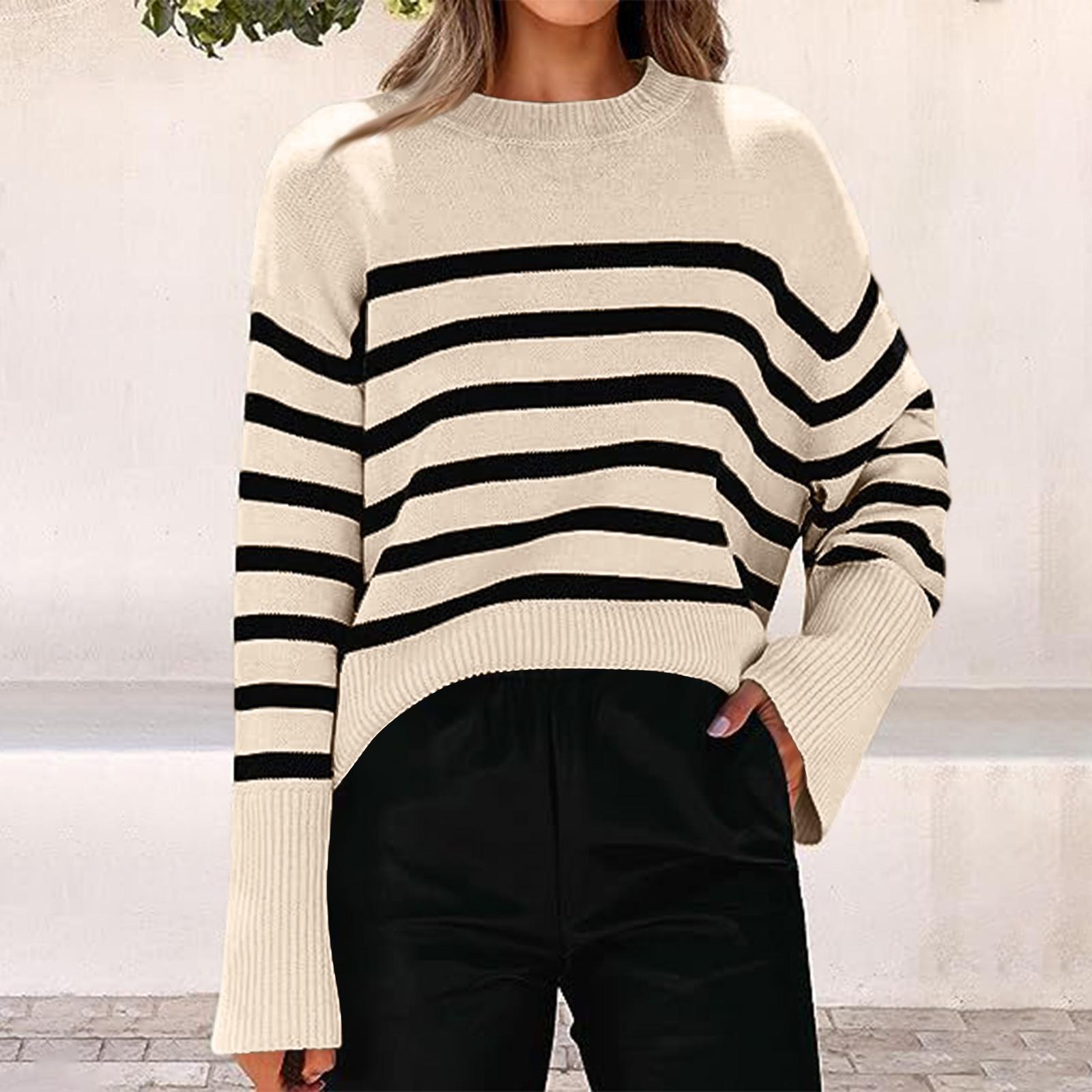 

Women s Retro Casual Loose Fashion Winter Knitted Striped O-Neck Sweater XL бежевий