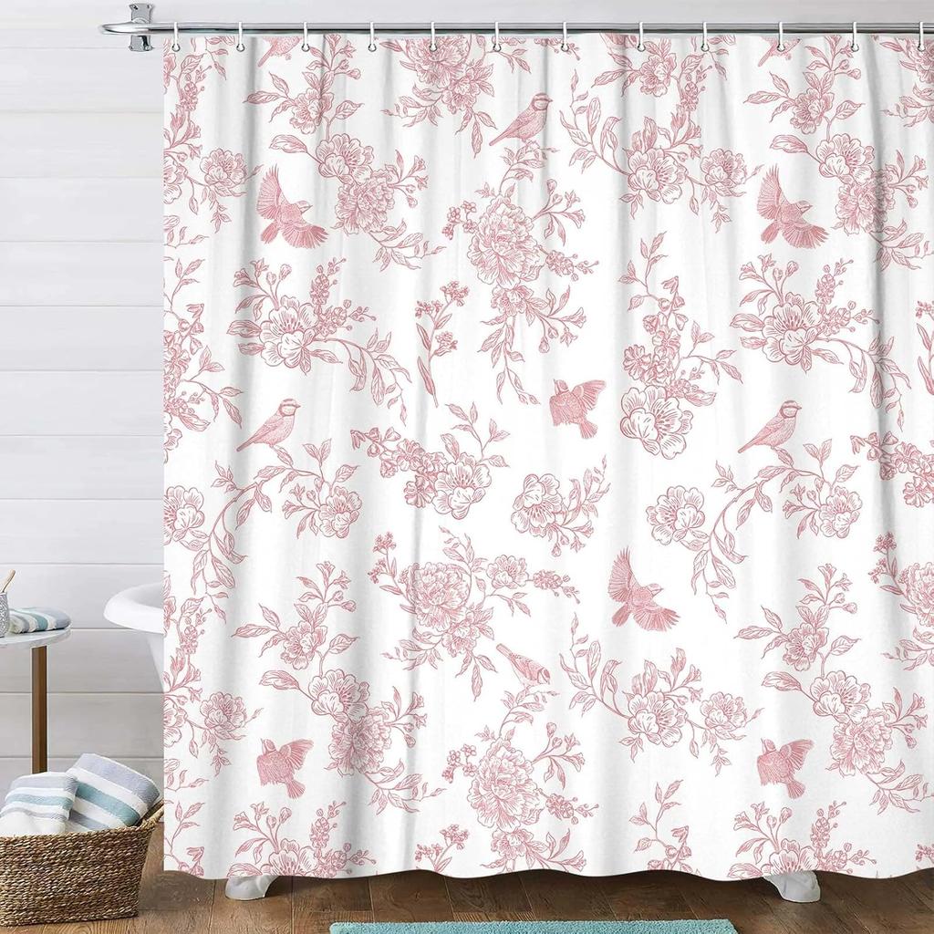 Blaues florales Duschvorhang-Set, Vintage Retro Cottagecore Floral Botanisch Vögel Blüte Blume Boho Ästhetik Stoffdusche