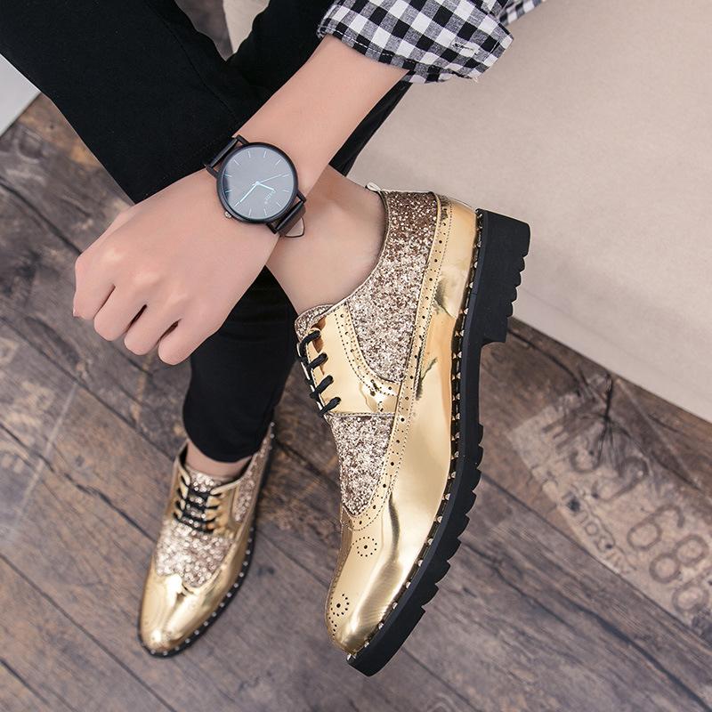 Fashion Men Dress Shoes 2024 Fashion Male Business Leather Shoes Men Brogue Shoes Sequin Formal Shoes Black Gold Zapatos Hombre639