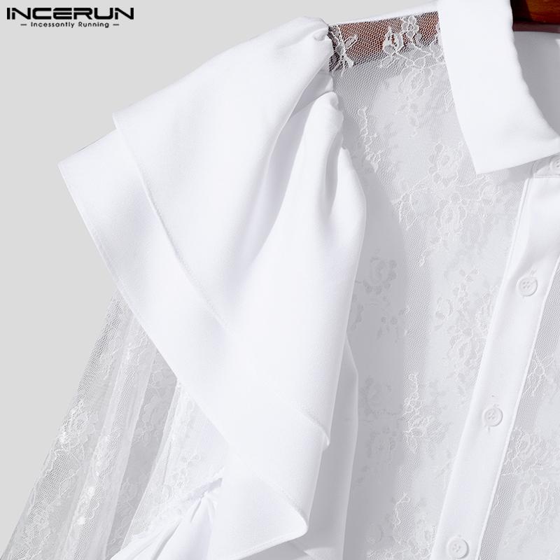 INCERUN Pánská trička s dlouhým rukávem a volánkem, krajkovým potiskem, ležérní patchworkové topy