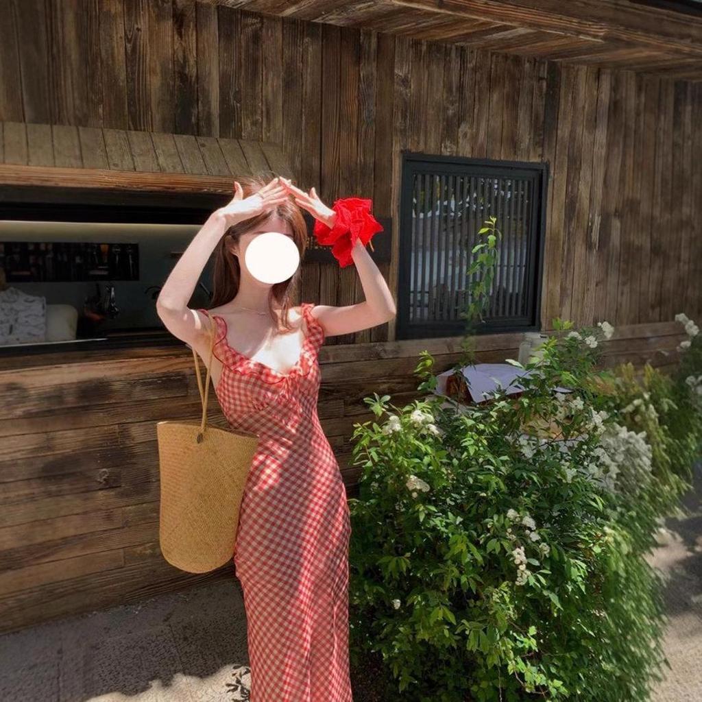 Women's Red Plaid Fishtail Spaghetti Strap Dress - 2025 Spring/Summer French Seaside Vacation Collection