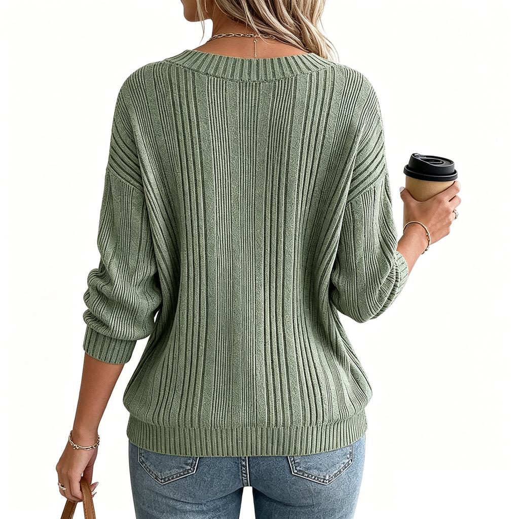 Women's Casual V Neck Long Sleeve Knit Pullover Top