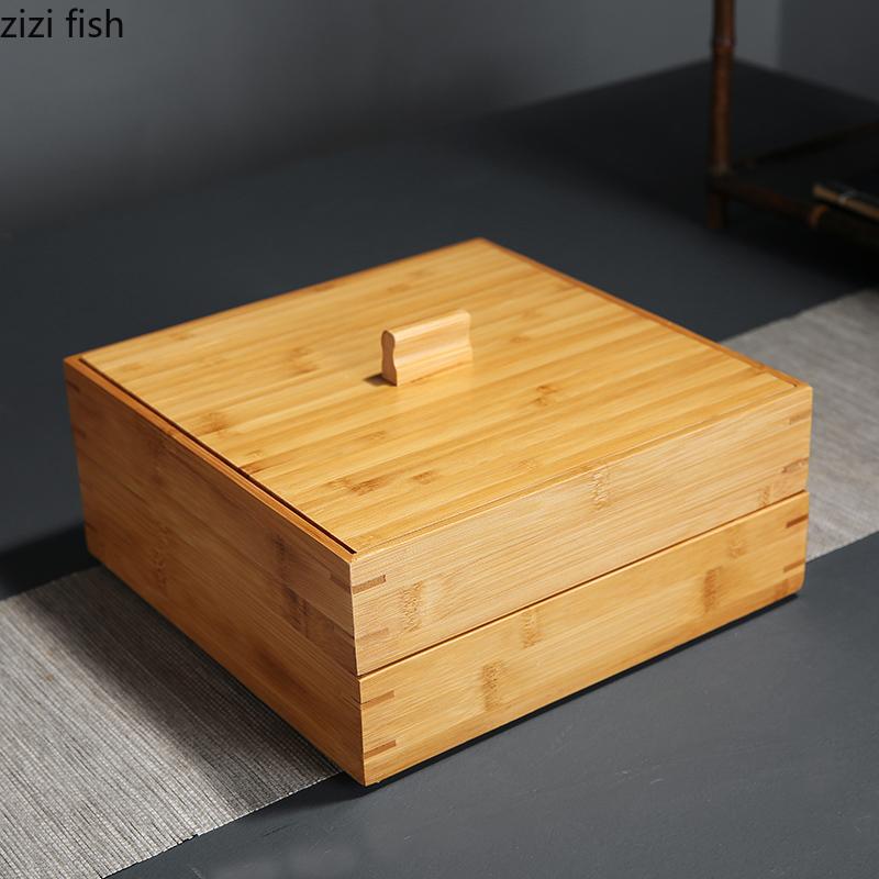Bamboo Tea Box Square Storage Box Tea Cake Organizer Stackable Tea Cabinet Multi-layer Storage Bin Tea Organizer Tea Container