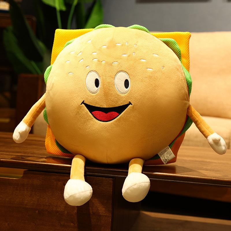 30Cm Happy Cheeseburger Hamburger Plush Pillow Stuffed Human Figured Food Sofa Chair Round Cushion Back Support Plushie Gift