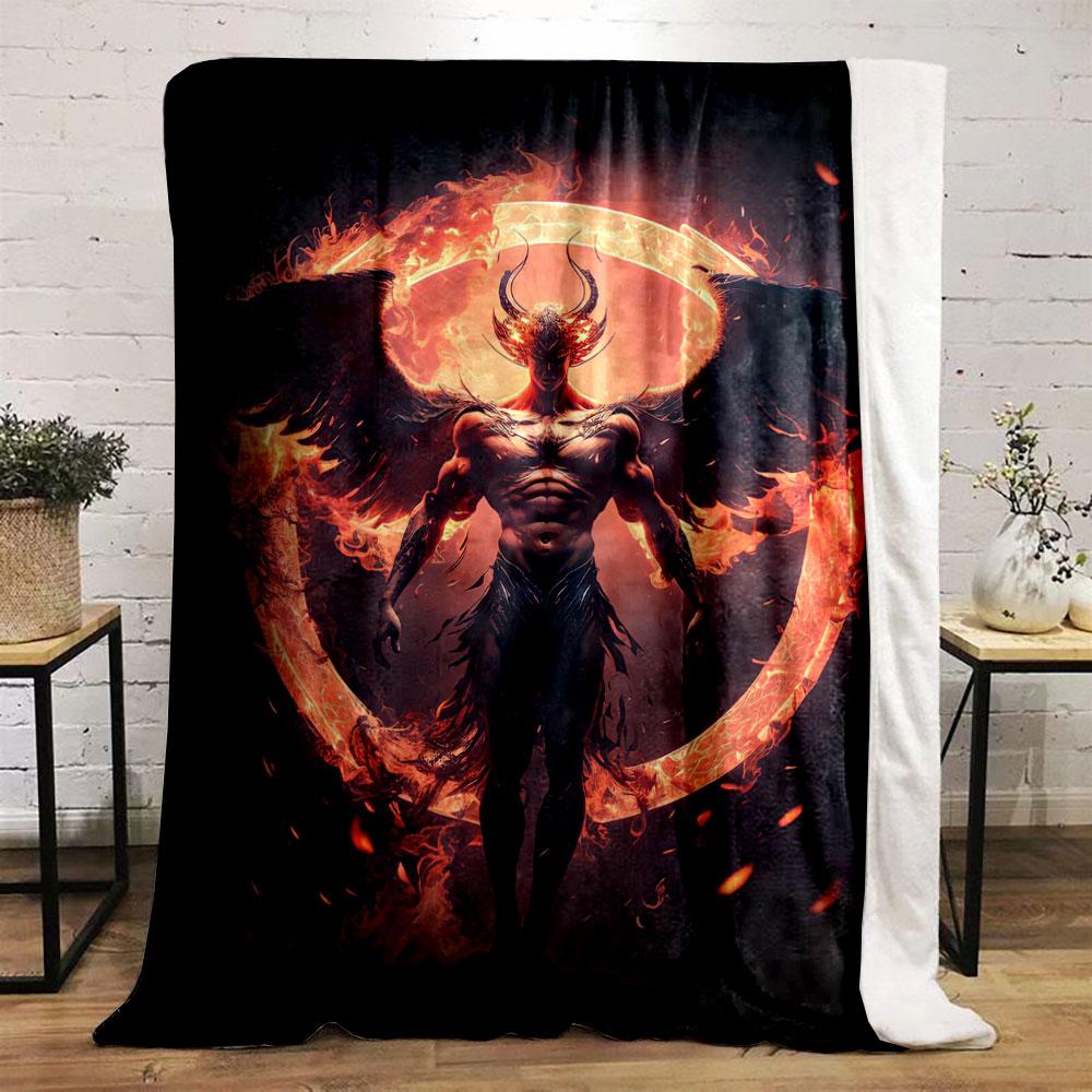 Fiery winged figure with a glowing circular flame backdrop. for all seasons blanket lunch break throw gift