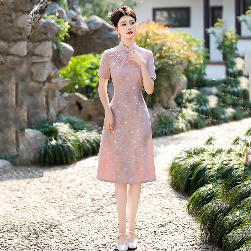Slim Fit Chinese-Inspired Short Sleeve Dress Women Vintage Style 2025 Qipao