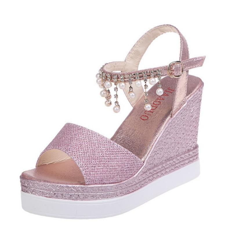Platform Sandals Summer Fashoin Wedge Bead Buckle Strap Peep Toe high heel Thick Bottom Casual Shoes Non-slip Sandalias De Mujer