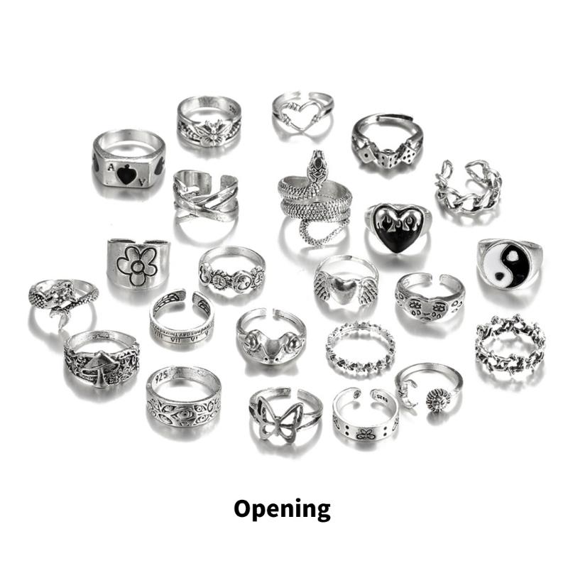 24pcs Y2K Gothic Rings Set for Women and Men Silver Punk Grunge Vintage Jewelry with Heart Snake Flower Designs