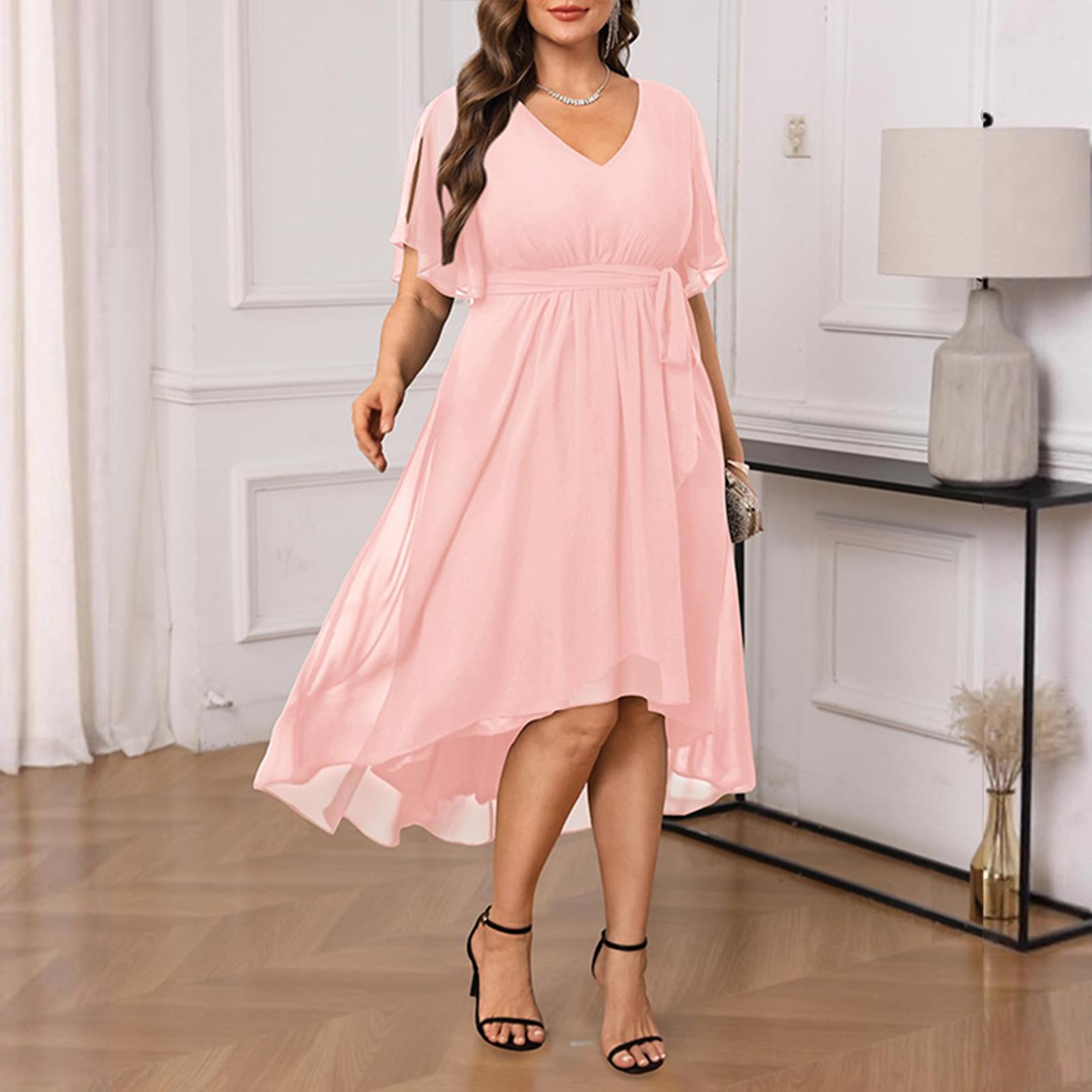 Women s Plus Size Chiffon Dress with V-Neck and Tie Waist, Color Sexy Summer Party Dress XXXXL