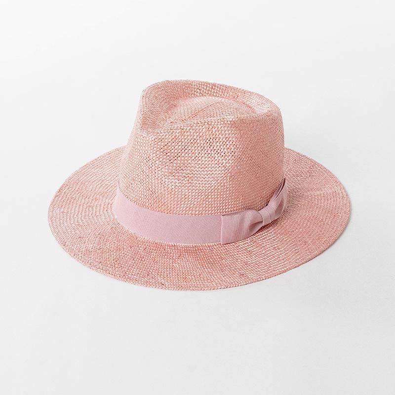 Natural grass woven wide brimmed jazz hat with bow and ribbon for sun protection and sunshade grass hat