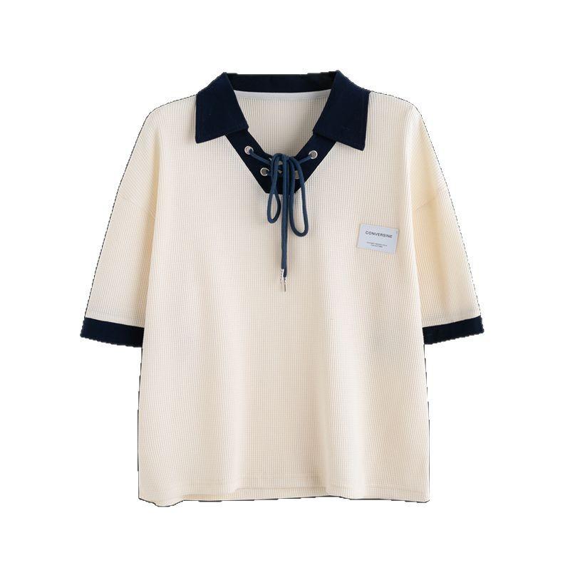 Frühling Sommer Kontrast Schnürung Lockere T-Shirts Polokragen Langarm Patchwork Trend Tops Tees Lässige Mode Damenbekleidung