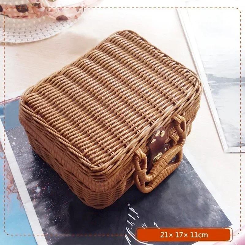 Retro PP Imitation Rattan Weaving Picnic Storage Basket Wicker Suitcase Hand Gift Box Woven Cosmetic Sundries Organizer Boxs LS