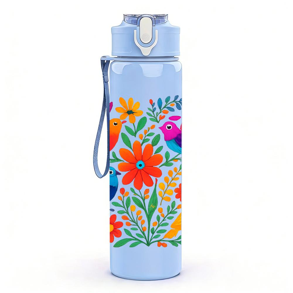 1PC Colorful Tropical Bird Group 750ml Color Plastic Sports Water Bottle Leakproof Flip Straw Lid For Sports Office Home Use