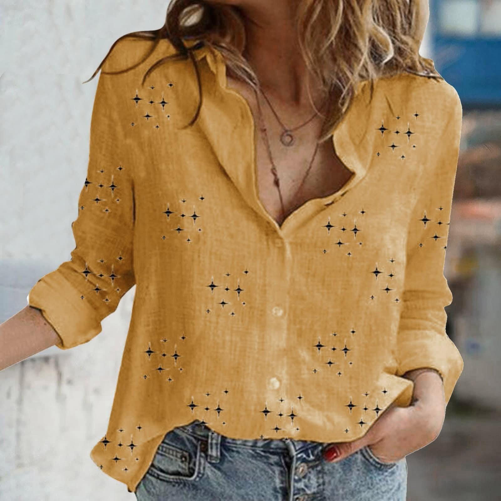 

Льняные блузки женские блузки больших размеров с длинным рукавом и принтом звезд XL жёлтый