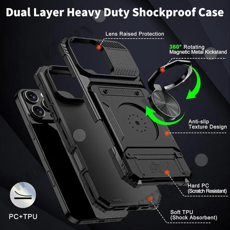 Case For iPhone 17 16 15 14 Pro Max 16 Plus Magnetic Rotated Ring Kickstand Heavy Duty Drop Protection Wallet Cover Funda Capa