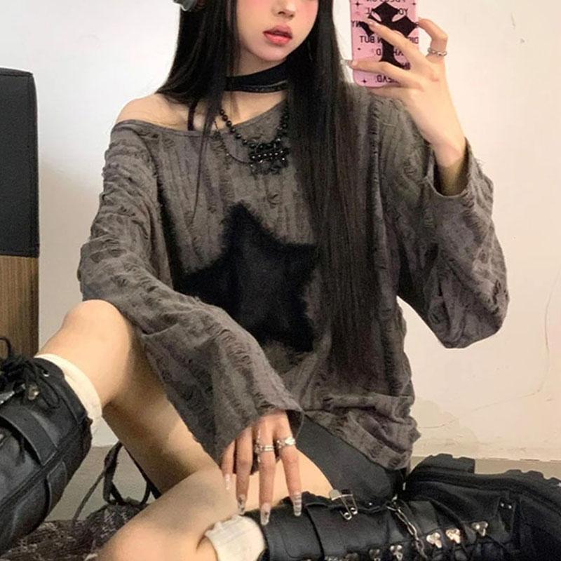 Y2K Tričko s potiskem hvězd s dírami Dámská Móda Streetwear Odhalená ramena Topy Letní Oversized Kpop Dlouhý rukáv Volná Trička Dámské Nové