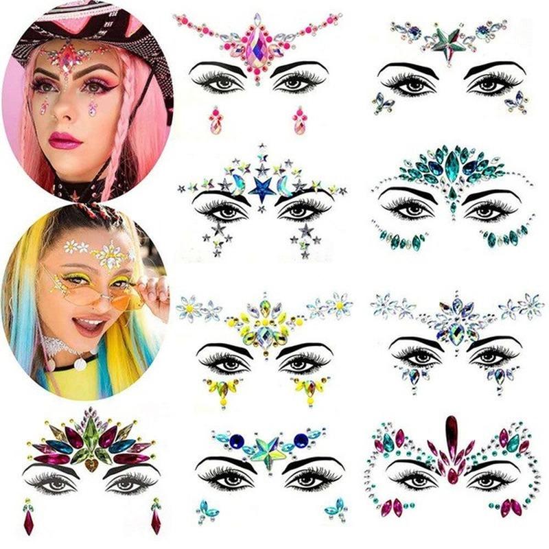1Pcs 3D Crystal Face Stickers Decoration Face Eye Stickers Chest Sticke Glitter DIY Jewelry Festival Party Temporary Tattoo Stickers for Women