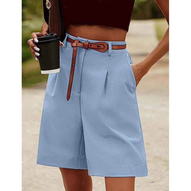 Pantaloncini Estivi da Donna Elastici Vita Alta Tasche Laterali Ampie Dritti Morbidi Monocolore Traspiranti Casual da Ufficio