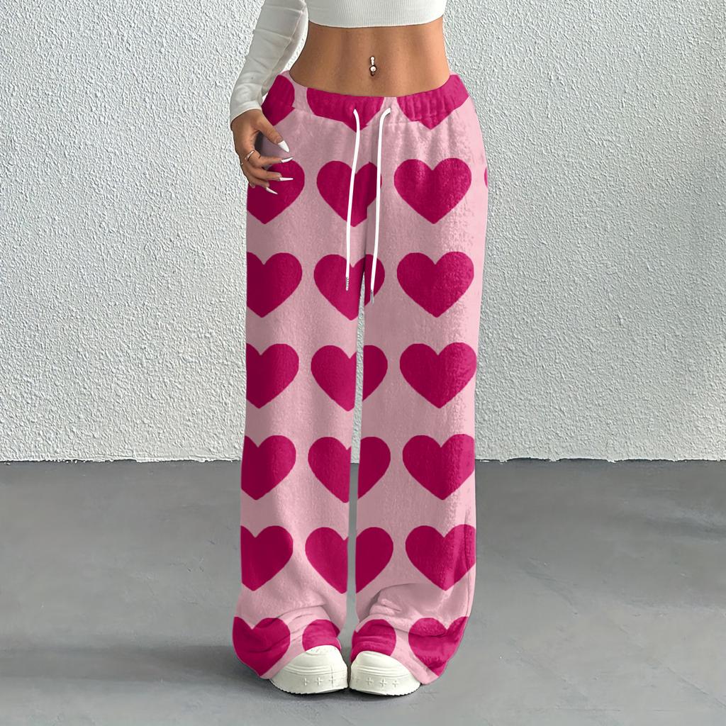 Women's Casual Fashion Printed Elastic Waist Loose Straight Leg Pants With Rope