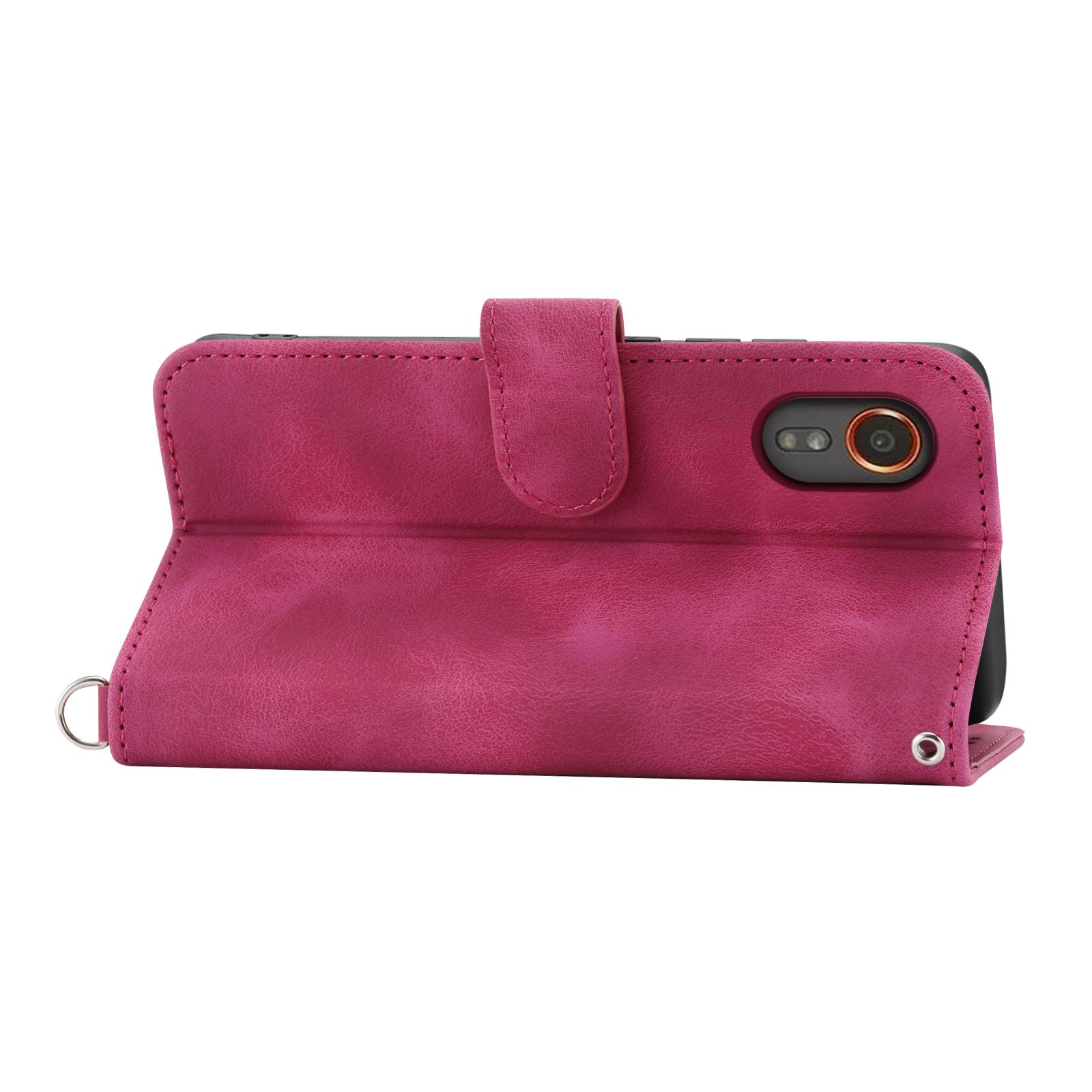 

For Samsung Galaxy Xcover7 PU Leather Phone Case Flower Pattern Cover with Multiple Card Slots Wine Red