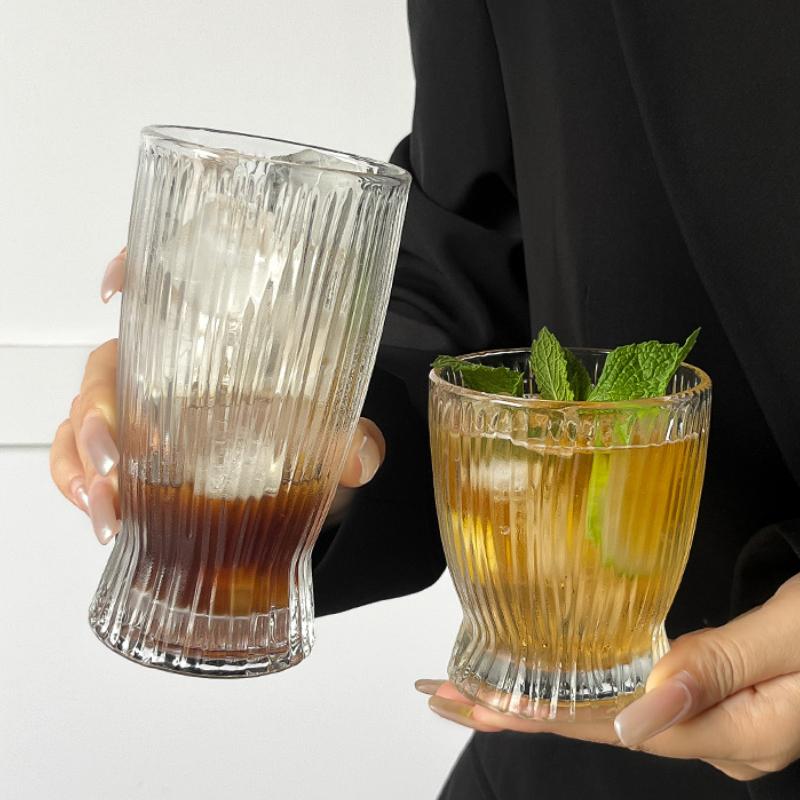 9.7oz/12.8oz Korean Style Striped Glass Cup Personalized Cocktail Mojito Cups Small Waist Shaped Wine Glass Juice Beverage Mugs