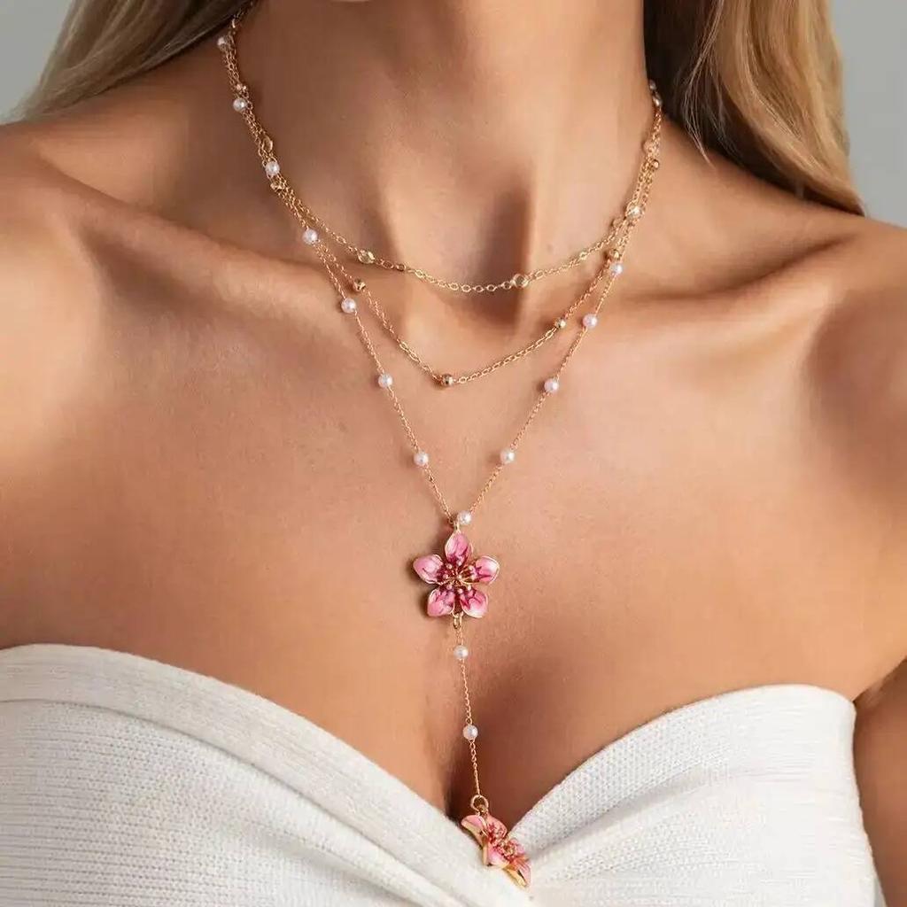 IngeSight.Z Exquisite Romantic Pink Drip Oil Flower Pendant Choker Necklace Women Boho Imitation Pearl Metal Chain Lady Jewelry